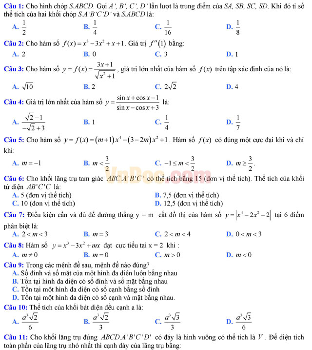 Đề thi thử THPT Quốc gia năm 2017 môn Toán trắc nghiệm có đáp án