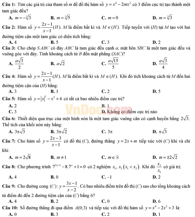 Đề thi học kì 1 môn Toán lớp 12