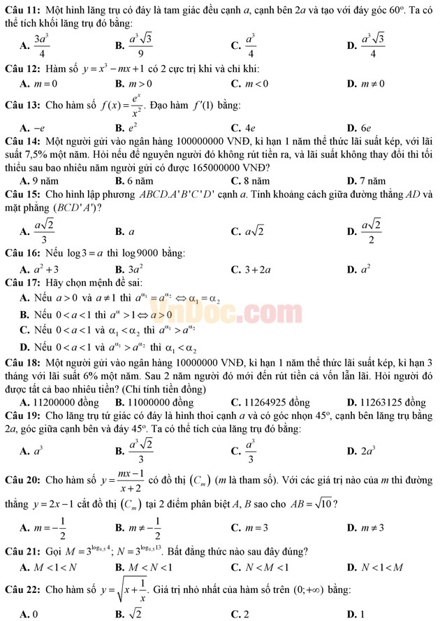 Đề thi học kì 1 môn Toán lớp 12