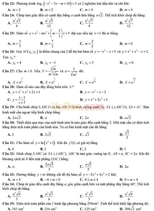Đề thi học kì 1 môn Toán lớp 12
