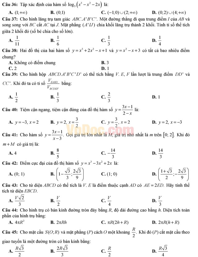 Đề thi học kì 1 môn Toán lớp 12
