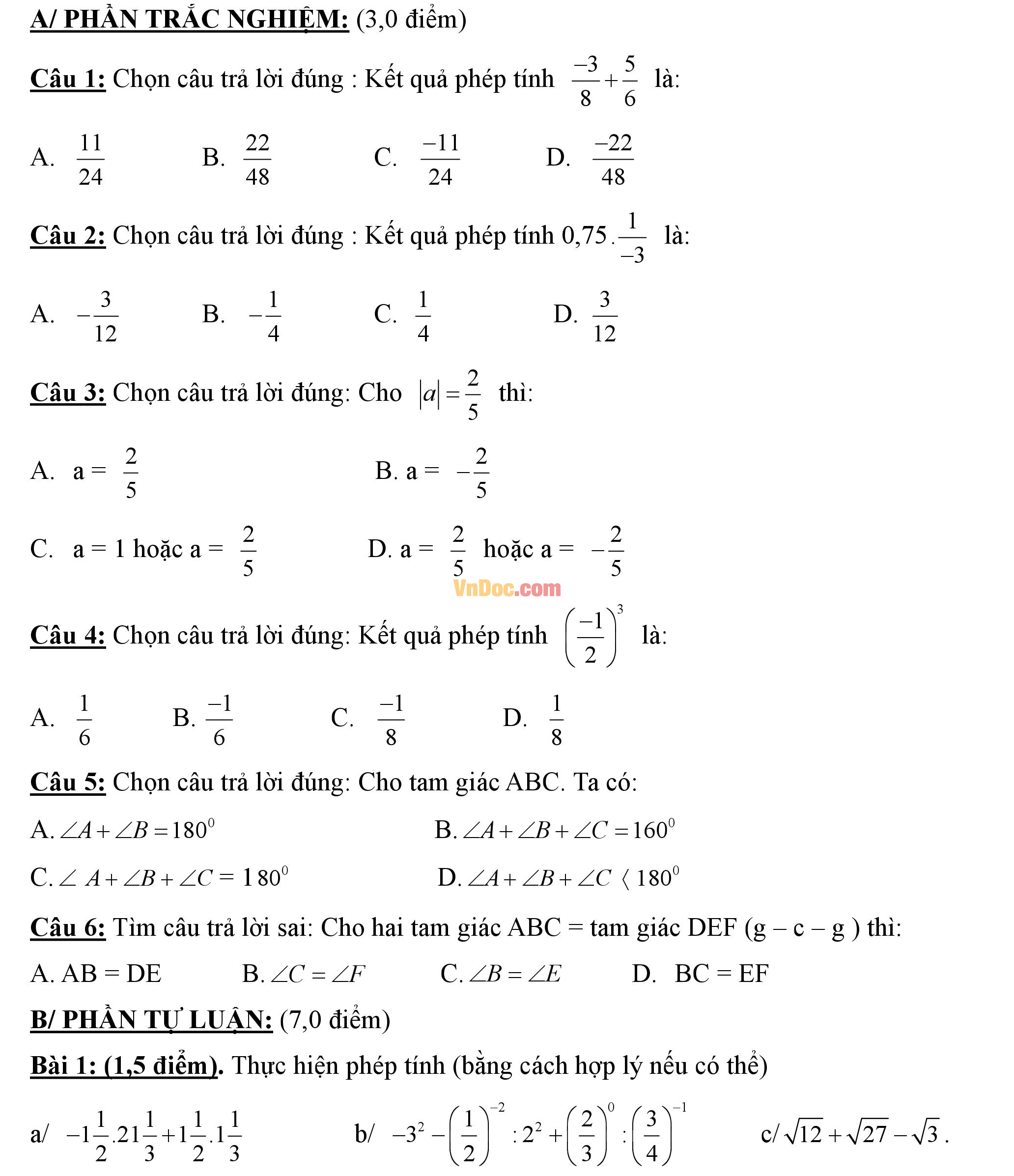 Đề thi hk1 môn Toán lớp 7 Đề thi hk1 môn Toán lớp 7
