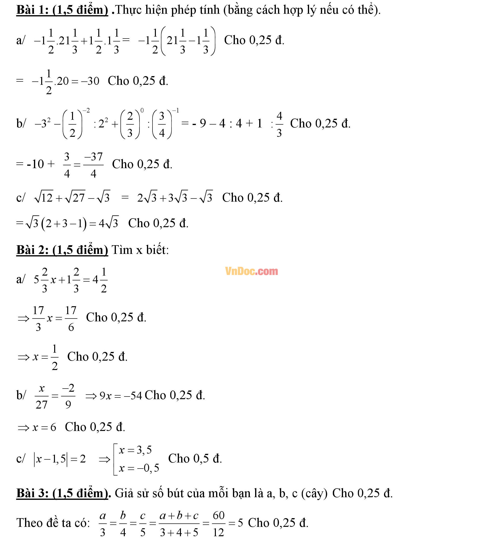 Đáp án đề thi hk1 môn Toán lớp 7 Đáp án đề thi hk1 môn Toán lớp 7