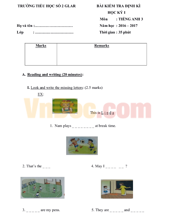 Đề thi học kì I môn Tiếng Anh lớp 3 có đáp án Đề thi học kì I môn Tiếng Anh lớp 3