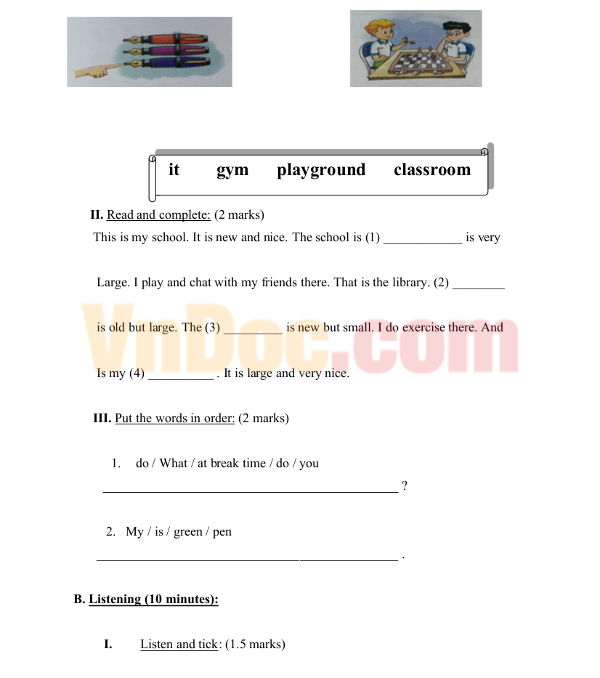 Đề thi học kì I môn Tiếng Anh lớp 3 năm 2016 có đáp án Đề thi học kì I môn Tiếng Anh lớp 3 năm 2016