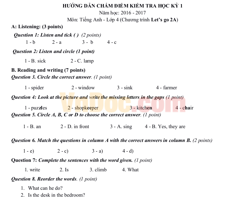 Đề thi học kỳ 1 môn tiếng Anh lớp 4 Chương trình Let’s go 2A năm học 2016 - 2017 Đề thi học kỳ 1 môn tiếng Anh lớp 4 Chương trình Let’s go 2A năm học 2016 - 2017 có đáp án