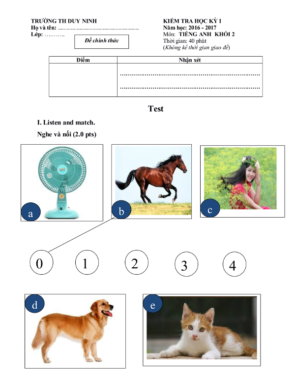 Bài kiểm tra cuối học kì 1 lớp 2 năm 2016