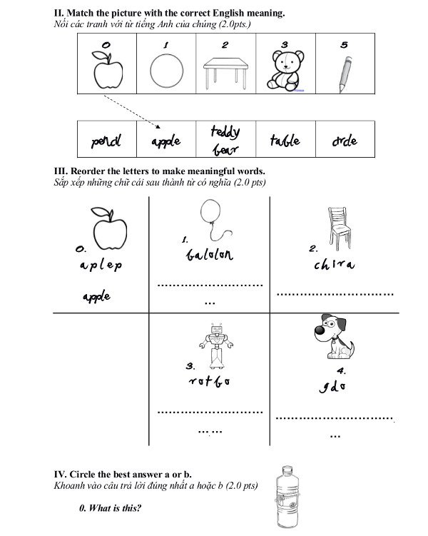 Đề kiểm tra cuối học kỳ I môn tiếng Anh lớp 2 dành cho bé