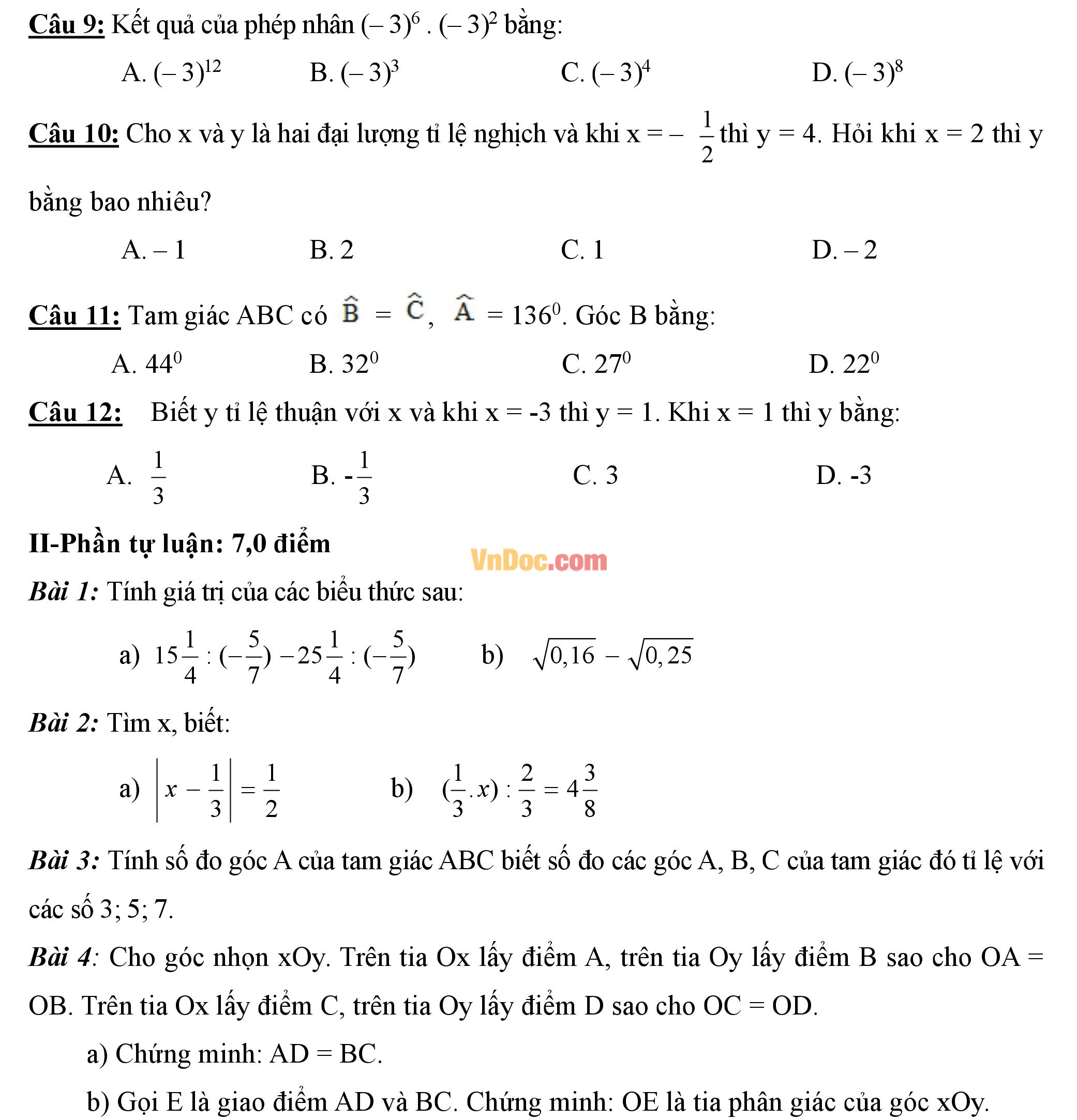 Đề thi hk1 môn toán lớp 7 Đề thi hk1 môn toán lớp 7