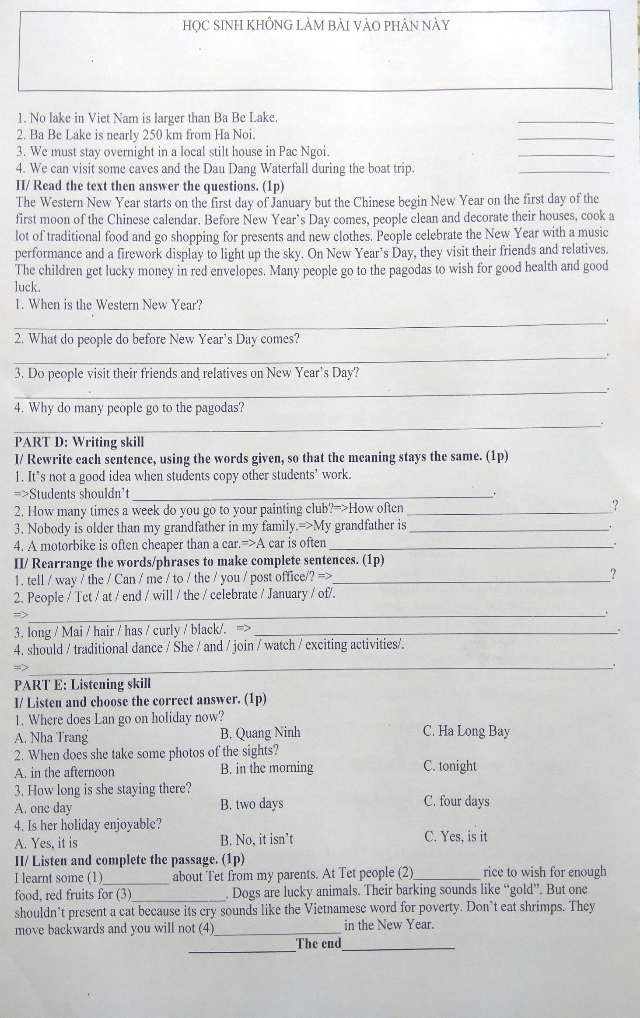 Đề thi học kỳ 1 môn Tiếng Anh lớp 6