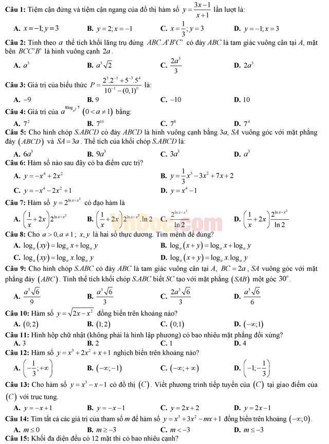 Đề thi thử THPT Quốc gia năm 2017 môn Toán trắc nghiệm - Sở GD&ĐT Vĩnh Phúc Đề thi thử THPT Quốc gia năm 2017 môn Toán trắc nghiệm