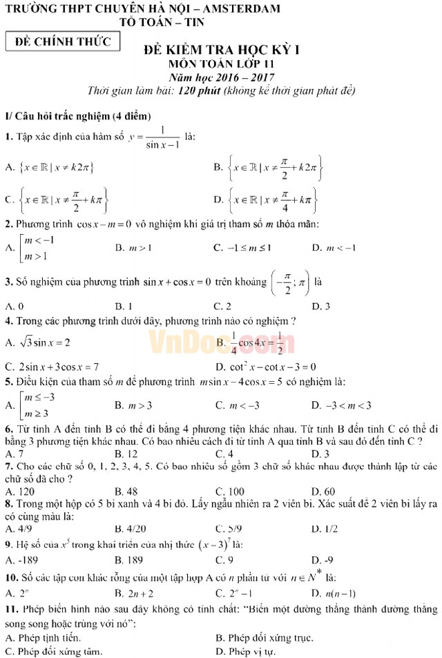 Đề thi học kì 1 môn Toán lớp 11 trường THPT chuyên Hà Nội - Amsterdam năm học 2016 - 2017