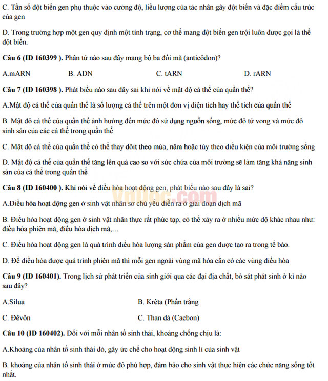 Đề thi thử THPT Quốc gia năm 2017 môn Sinh học trường THPT chuyên Khoa học tự nhiên có đáp án