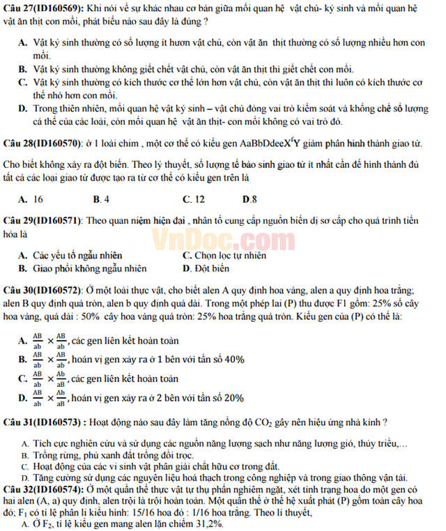 Đề thi thử THPT Quốc gia năm 2017 môn Sinh học trường THPT chuyên Khoa học tự nhiên có đáp án