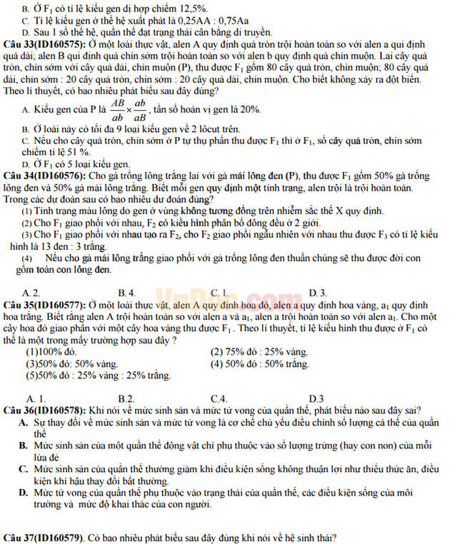 Đề thi thử THPT Quốc gia năm 2017 môn Sinh học trường THPT chuyên Khoa học tự nhiên có đáp án