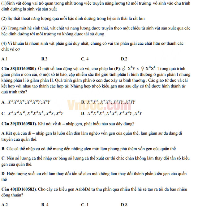 Đề thi thử THPT Quốc gia năm 2017 môn Sinh học trường THPT chuyên Khoa học tự nhiên có đáp án