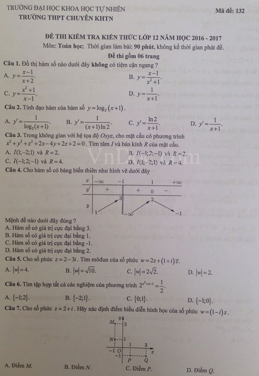 Đề thi thử THPT Quốc gia năm 2017 môn Toán trường THPT chuyên Khoa học tự nhiên - Đại học Quốc gia Hà Nội (Lần 1) Đề thi thử THPT Quốc gia năm 2017 môn Toán trường THPT chuyên Khoa học tự nhiên có đáp án