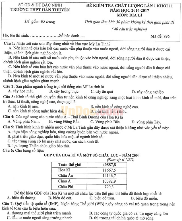 Đề thi học kì 1 môn Địa lý lớp 11 có đáp án