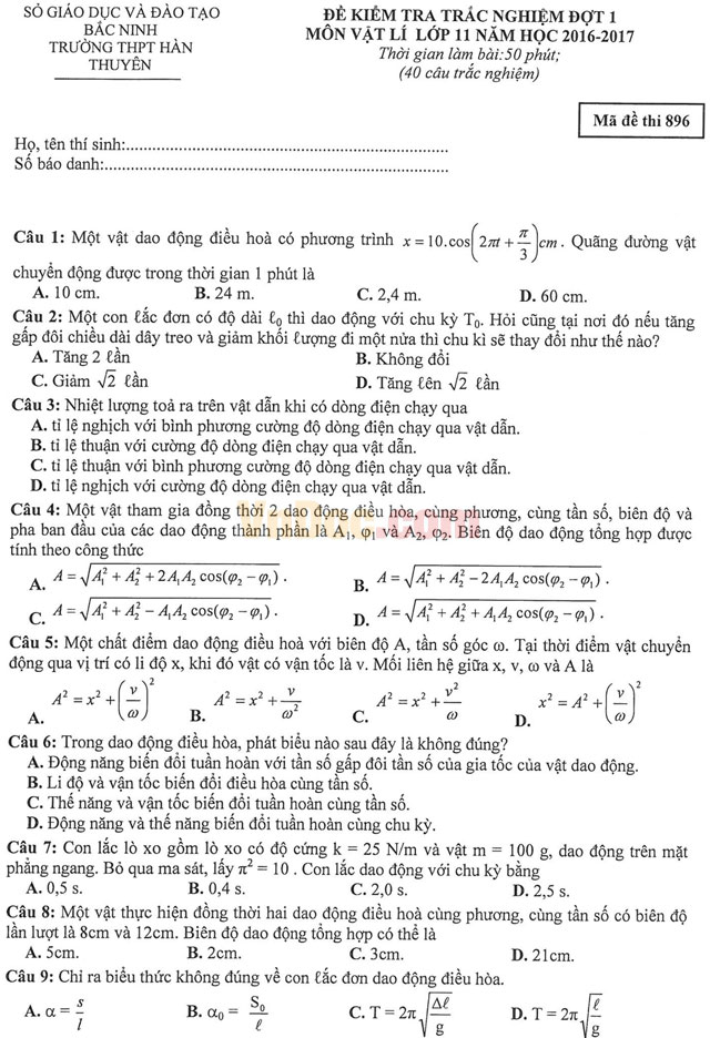 Đề thi học kì 1 môn Vật lý lớp 11 có đáp án