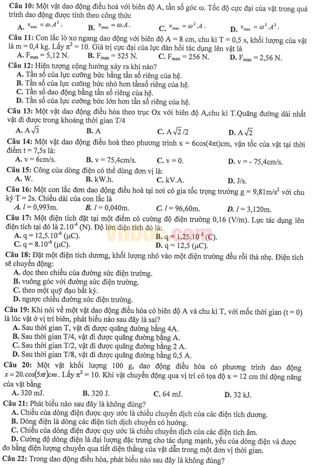 Đề thi học kì 1 môn Vật lý lớp 11 có đáp án