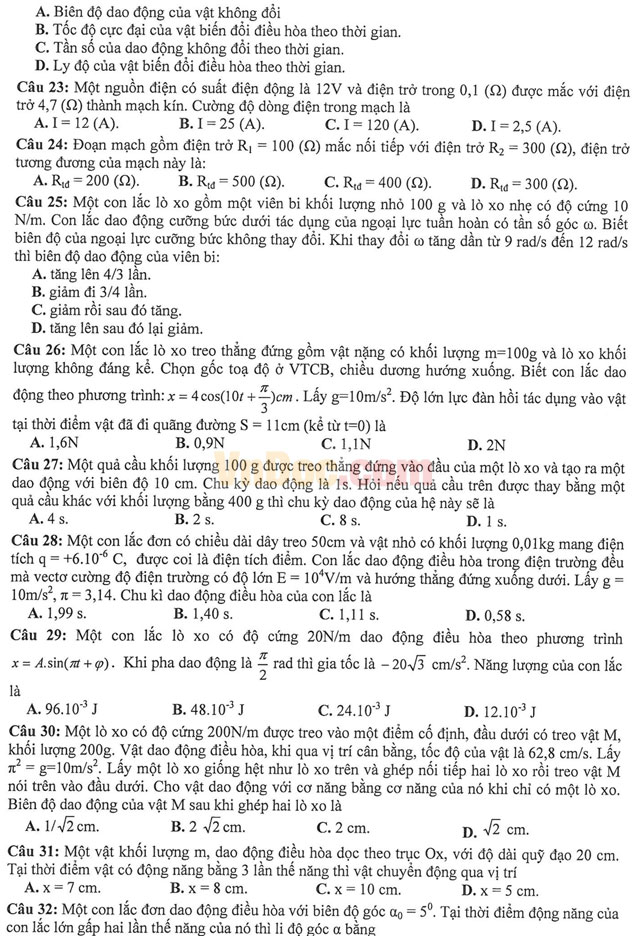 Đề thi học kì 1 môn Vật lý lớp 11 có đáp án