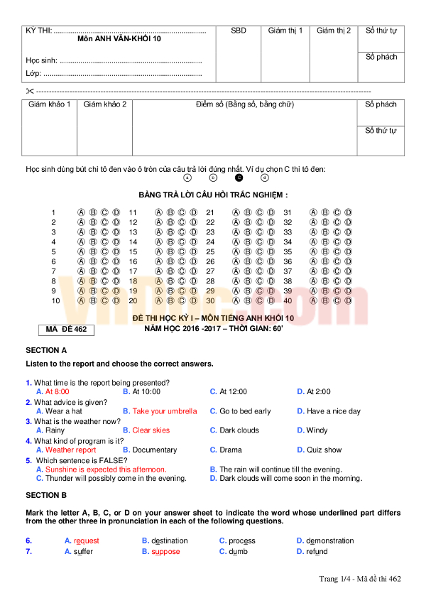 Đề thi học kì 1 môn Tiếng Anh lớp 10 có đáp án Đề thi học kì 1 môn Tiếng Anh lớp 10