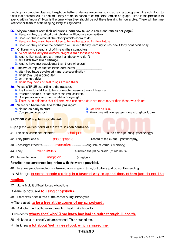 Đề Thi Học Kì 1 Lớp 10 Môn Tiếng Anh có đáp án Đề Thi Học Kì 1 Lớp 10 Môn Tiếng Anh