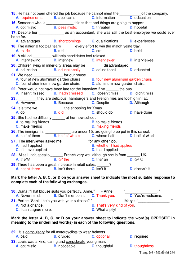 Đề thi học kỳ 1 môn tiếng Anh lớp 12 có đáp án