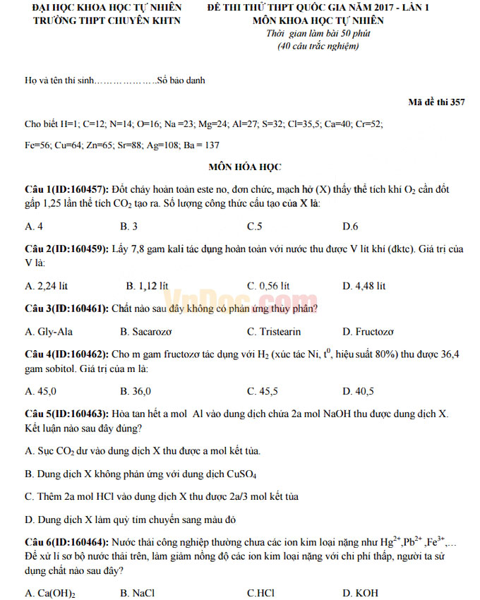 Đề thi thử THPT Quốc gia năm 2017 môn Hóa học trường THPT chuyên Khoa học tự nhiên có đáp án