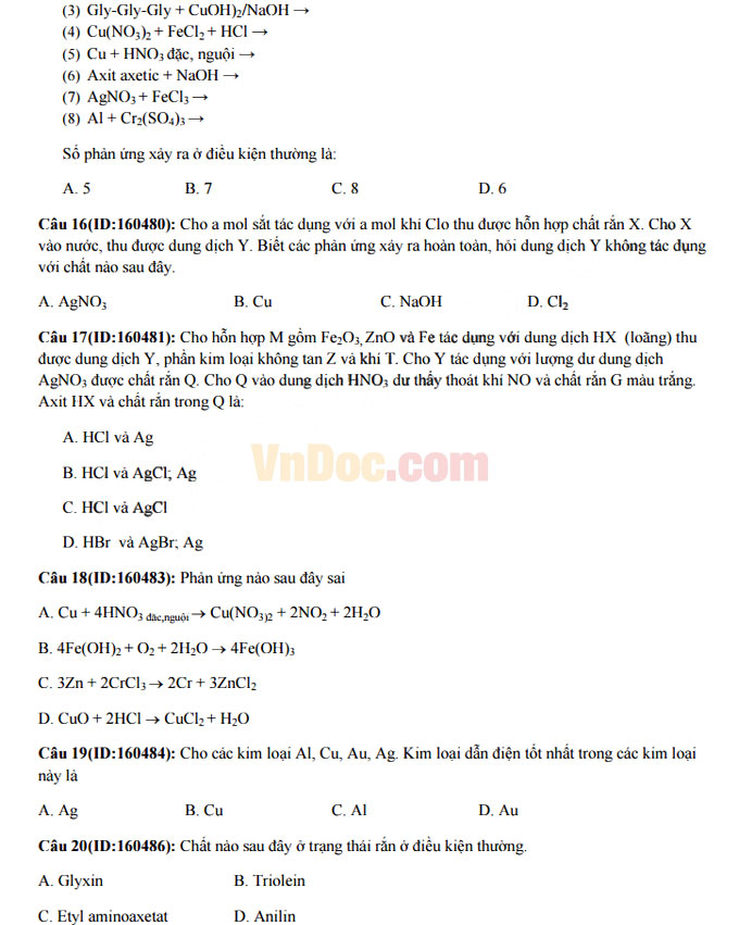 Đề thi thử THPT Quốc gia năm 2017 môn Hóa học trường THPT chuyên Khoa học tự nhiên có đáp án
