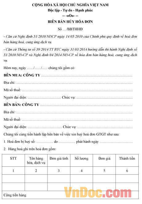 Biên bản hủy hóa đơn GTGT