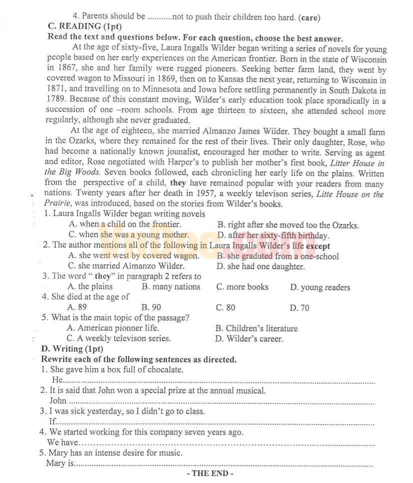 Đề thi giữa học kì 1 lớp 10 môn Anh có đáp án