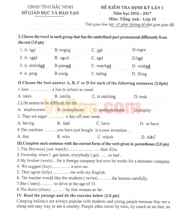 Đề thi giữa học kỳ 1 môn Tiếng Anh lớp 10 có đáp án Đề thi giữa học kỳ 1 môn Tiếng Anh lớp 10