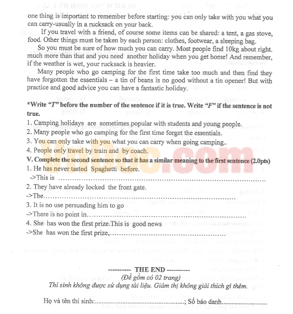 Đề thi giữa kì 1 lớp 10 môn Tiếng Anh năm 2016 Đề thi giữa học kỳ 1 môn Tiếng Anh lớp 10 có đáp án