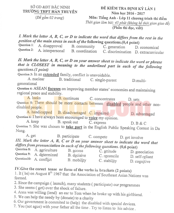 Đề thi giữa học kỳ 1 môn Tiếng Anh lớp 11 có đáp án Đề thi giữa học kỳ 1 môn Tiếng Anh lớp 11