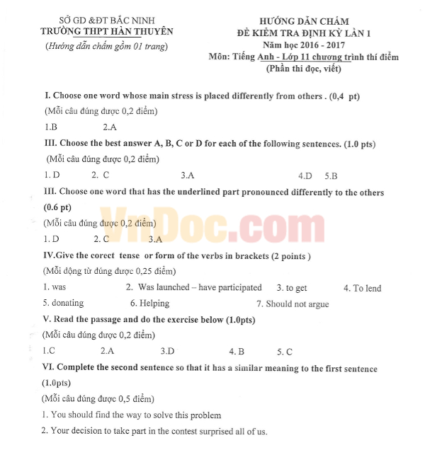 Đề thi giữa học kì 1 lớp 11 môn Anh Đề thi giữa học kì 1 lớp 11 môn Tiếng Anh năm học 2016