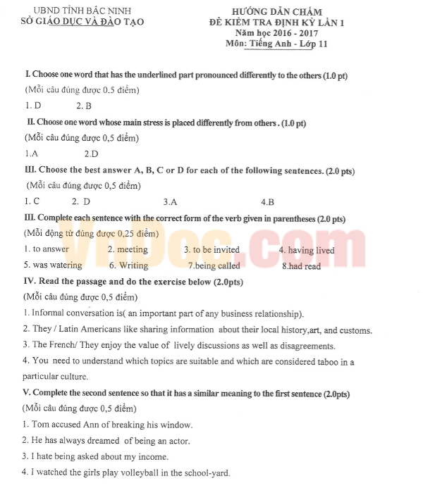 Đề kiểm tra giữa học kì 1 lớp 11 môn Tiếng Anh năm 2016 Đề thi giữa học kì 1 môn Tiếng Anh lớp 11 năm 2016