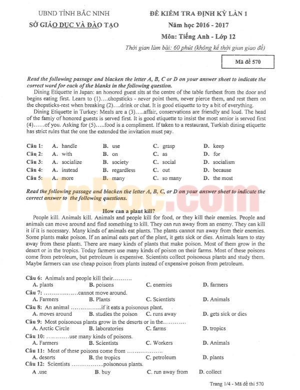 Đề thi giữa học kỳ 1 môn Tiếng Anh lớp 12 có đáp án Đề thi giữa học kỳ 1 môn Tiếng Anh lớp 12
