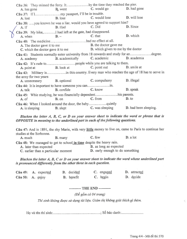 Đề thi giữa học kì 1 lớp 12 môn Tiếng Anh năm 2016 Đề thi giữa học kì 1 lớp 12 môn Anh