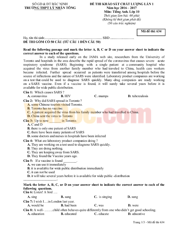 Đề thi học kì 1 môn Tiếng Anh lớp 10 có đáp án