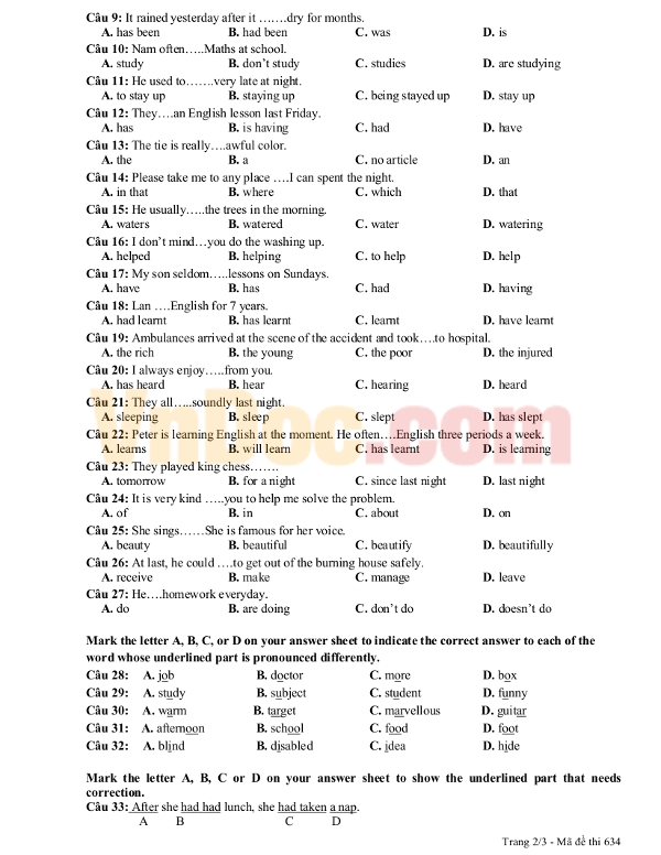 Đề thi học kỳ 1 môn Tiếng Anh lớp 10