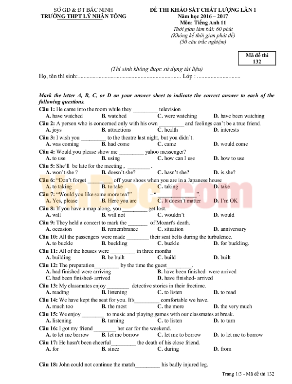 Đề thi học kì 1 lớp 11 môn Tiếng Anh năm 2016