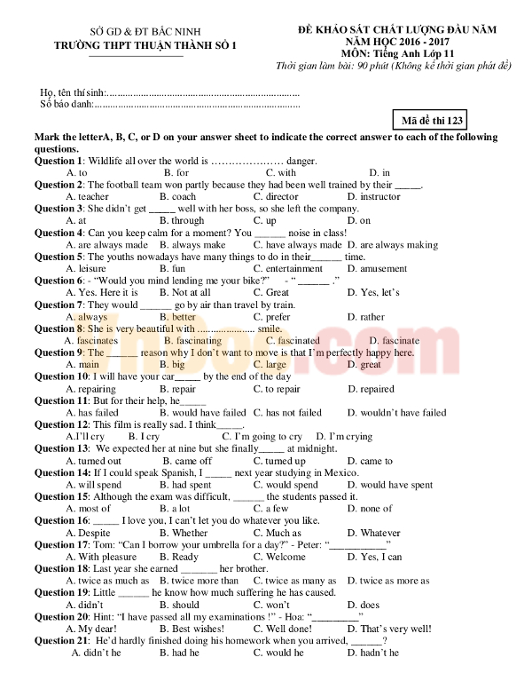Đề kiểm tra chất lượng đầu năm môn Tiếng Anh lớp 11