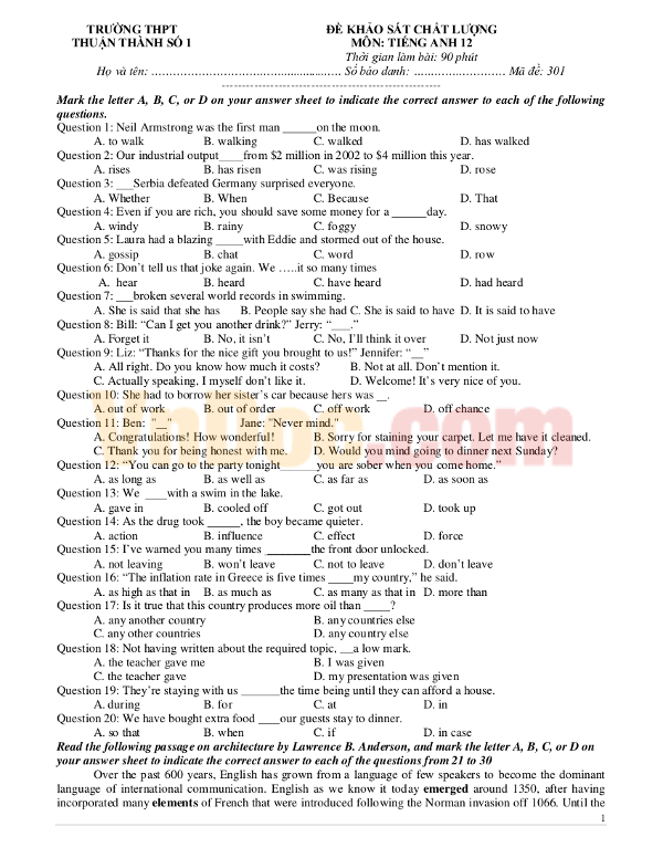 Đề khảo sát chất lượng đầu năm môn Tiếng Anh lớp 12