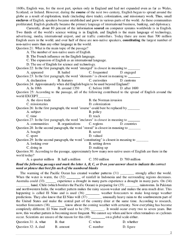 Đáp án đề khảo sát chất lượng môn Tiếng Anh lớp 12