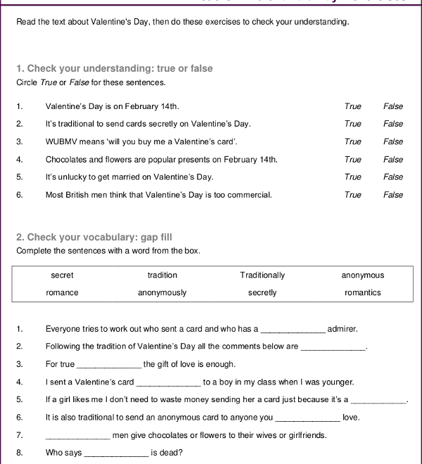 Bài tập Tiếng Anh: Valentine's Day có đáp án