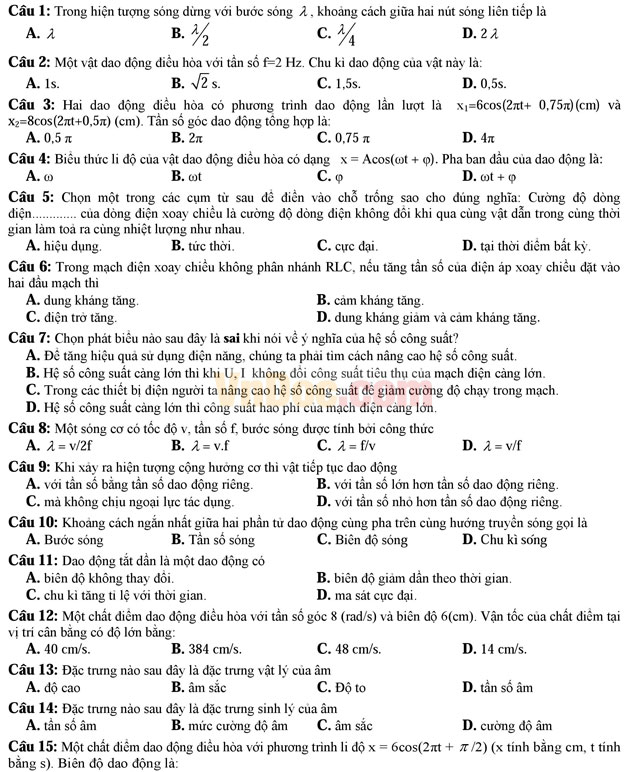 Đề thi học kì 1 môn Vật lý lớp 12 có đáp án