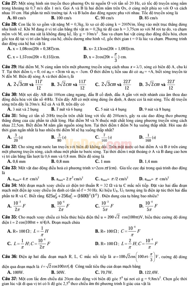Đề thi học kì 1 môn Vật lý lớp 12 có đáp án