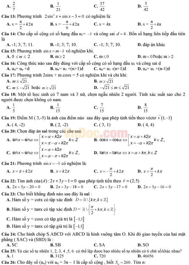 Đề thi học kì 1 môn Toán lớp 11 có đáp án