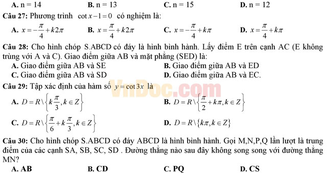 Đề thi học kì 1 môn Toán lớp 11 có đáp án